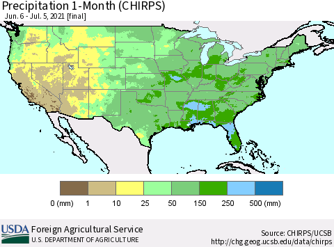 United States Precipitation 1-Month (CHIRPS) Thematic Map For 6/6/2021 - 7/5/2021