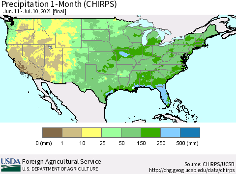 United States Precipitation 1-Month (CHIRPS) Thematic Map For 6/11/2021 - 7/10/2021
