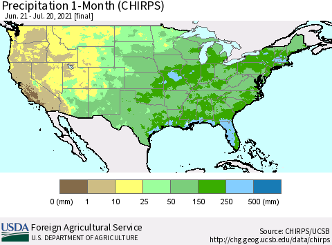 United States Precipitation 1-Month (CHIRPS) Thematic Map For 6/21/2021 - 7/20/2021
