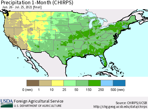 United States Precipitation 1-Month (CHIRPS) Thematic Map For 6/26/2021 - 7/25/2021
