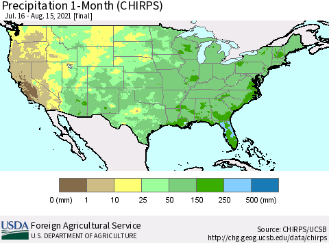 United States Precipitation 1-Month (CHIRPS) Thematic Map For 7/16/2021 - 8/15/2021