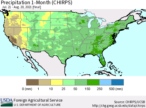 United States Precipitation 1-Month (CHIRPS) Thematic Map For 7/21/2021 - 8/20/2021
