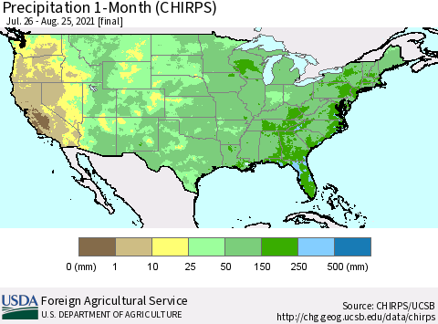 United States Precipitation 1-Month (CHIRPS) Thematic Map For 7/26/2021 - 8/25/2021