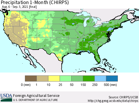 United States Precipitation 1-Month (CHIRPS) Thematic Map For 8/6/2021 - 9/5/2021