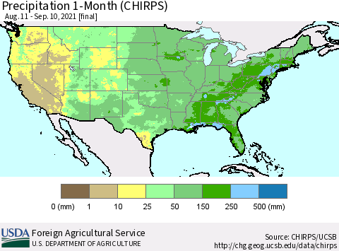 United States Precipitation 1-Month (CHIRPS) Thematic Map For 8/11/2021 - 9/10/2021