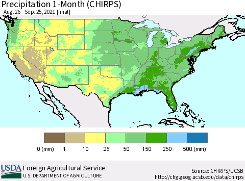 United States Precipitation 1-Month (CHIRPS) Thematic Map For 8/26/2021 - 9/25/2021