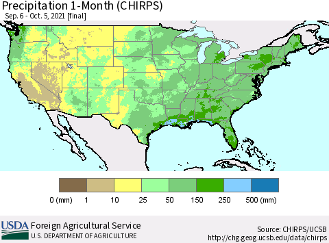 United States Precipitation 1-Month (CHIRPS) Thematic Map For 9/6/2021 - 10/5/2021