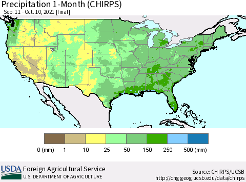 United States Precipitation 1-Month (CHIRPS) Thematic Map For 9/11/2021 - 10/10/2021