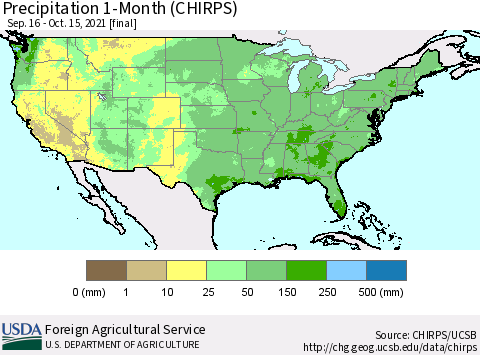 United States Precipitation 1-Month (CHIRPS) Thematic Map For 9/16/2021 - 10/15/2021