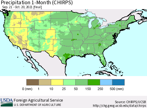 United States Precipitation 1-Month (CHIRPS) Thematic Map For 9/21/2021 - 10/20/2021