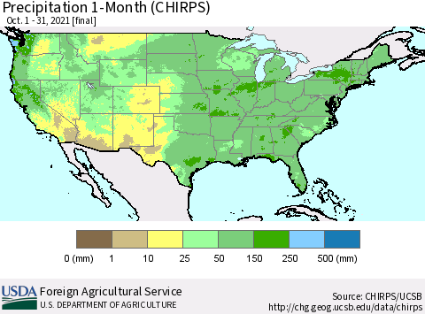 United States Precipitation 1-Month (CHIRPS) Thematic Map For 10/1/2021 - 10/31/2021
