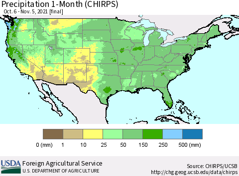 United States Precipitation 1-Month (CHIRPS) Thematic Map For 10/6/2021 - 11/5/2021