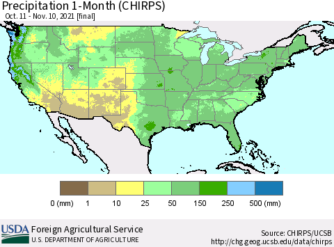 United States Precipitation 1-Month (CHIRPS) Thematic Map For 10/11/2021 - 11/10/2021