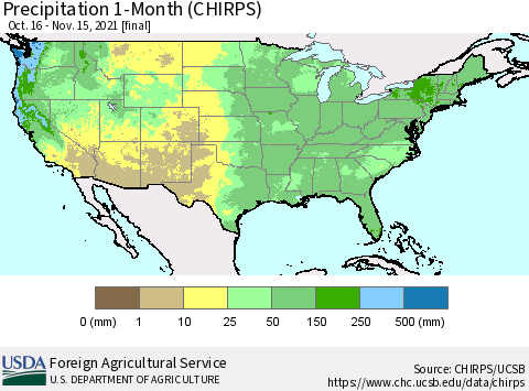 United States Precipitation 1-Month (CHIRPS) Thematic Map For 10/16/2021 - 11/15/2021