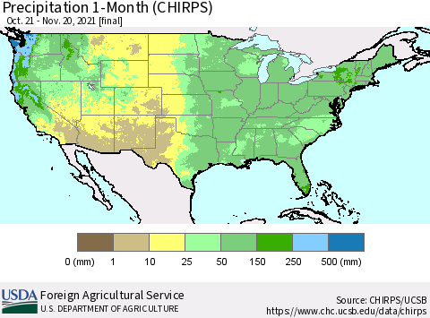 United States Precipitation 1-Month (CHIRPS) Thematic Map For 10/21/2021 - 11/20/2021