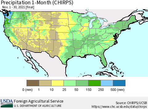 United States Precipitation 1-Month (CHIRPS) Thematic Map For 11/1/2021 - 11/30/2021