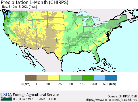 United States Precipitation 1-Month (CHIRPS) Thematic Map For 11/6/2021 - 12/5/2021