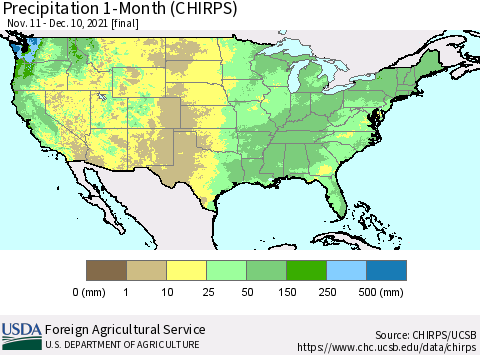 United States Precipitation 1-Month (CHIRPS) Thematic Map For 11/11/2021 - 12/10/2021