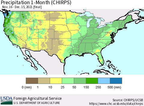 United States Precipitation 1-Month (CHIRPS) Thematic Map For 11/16/2021 - 12/15/2021