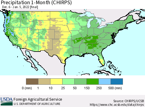 United States Precipitation 1-Month (CHIRPS) Thematic Map For 12/6/2021 - 1/5/2022