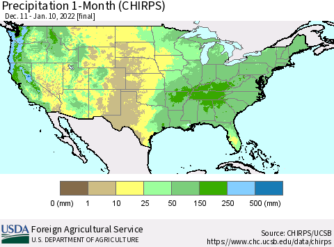 United States Precipitation 1-Month (CHIRPS) Thematic Map For 12/11/2021 - 1/10/2022