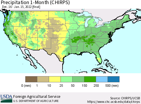 United States Precipitation 1-Month (CHIRPS) Thematic Map For 12/16/2021 - 1/15/2022