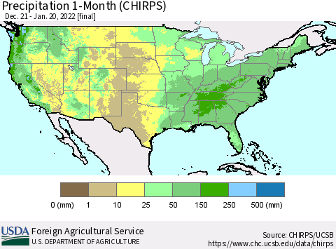 United States Precipitation 1-Month (CHIRPS) Thematic Map For 12/21/2021 - 1/20/2022