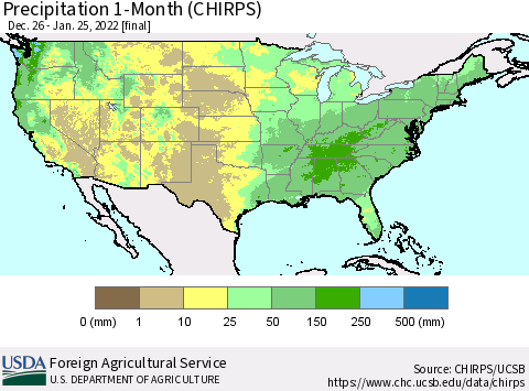 United States Precipitation 1-Month (CHIRPS) Thematic Map For 12/26/2021 - 1/25/2022