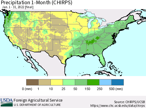 United States Precipitation 1-Month (CHIRPS) Thematic Map For 1/1/2022 - 1/31/2022