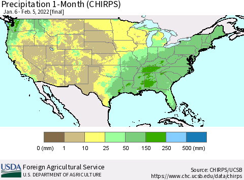 United States Precipitation 1-Month (CHIRPS) Thematic Map For 1/6/2022 - 2/5/2022
