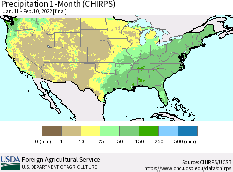 United States Precipitation 1-Month (CHIRPS) Thematic Map For 1/11/2022 - 2/10/2022