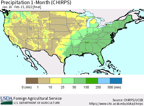 United States Precipitation 1-Month (CHIRPS) Thematic Map For 1/16/2022 - 2/15/2022