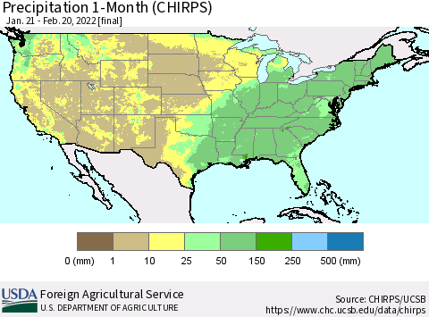 United States Precipitation 1-Month (CHIRPS) Thematic Map For 1/21/2022 - 2/20/2022