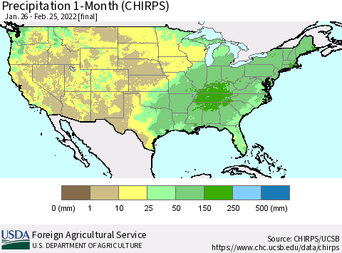United States Precipitation 1-Month (CHIRPS) Thematic Map For 1/26/2022 - 2/25/2022