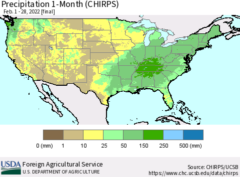 United States Precipitation 1-Month (CHIRPS) Thematic Map For 2/1/2022 - 2/28/2022