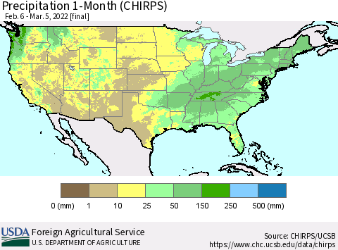 United States Precipitation 1-Month (CHIRPS) Thematic Map For 2/6/2022 - 3/5/2022