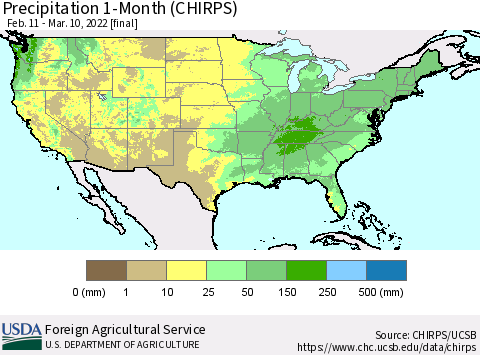 United States Precipitation 1-Month (CHIRPS) Thematic Map For 2/11/2022 - 3/10/2022
