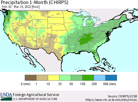 United States Precipitation 1-Month (CHIRPS) Thematic Map For 2/16/2022 - 3/15/2022