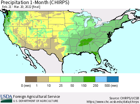 United States Precipitation 1-Month (CHIRPS) Thematic Map For 2/21/2022 - 3/20/2022