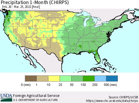 United States Precipitation 1-Month (CHIRPS) Thematic Map For 2/26/2022 - 3/25/2022