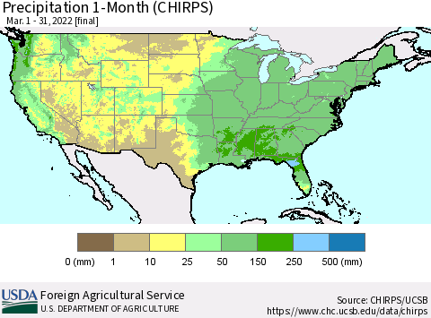 United States Precipitation 1-Month (CHIRPS) Thematic Map For 3/1/2022 - 3/31/2022