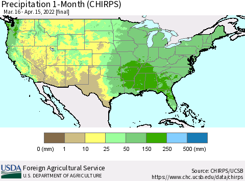United States Precipitation 1-Month (CHIRPS) Thematic Map For 3/16/2022 - 4/15/2022