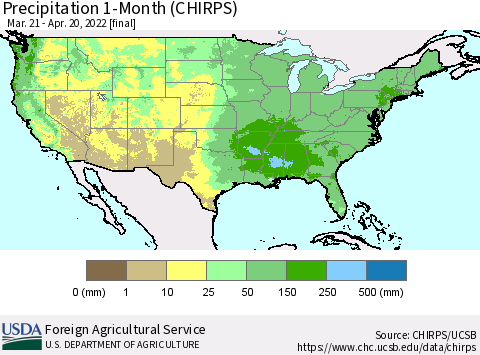 United States Precipitation 1-Month (CHIRPS) Thematic Map For 3/21/2022 - 4/20/2022