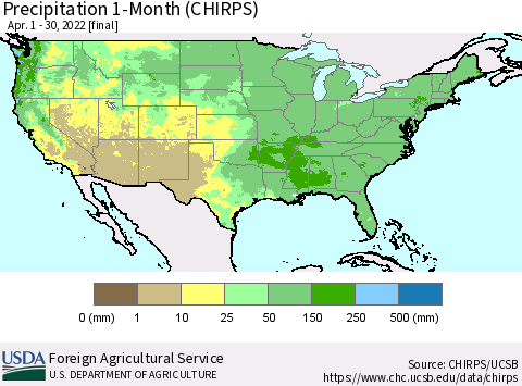 United States Precipitation 1-Month (CHIRPS) Thematic Map For 4/1/2022 - 4/30/2022
