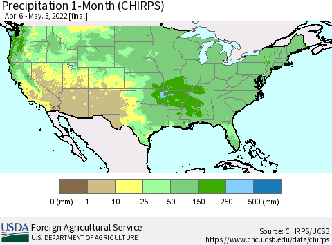 United States Precipitation 1-Month (CHIRPS) Thematic Map For 4/6/2022 - 5/5/2022
