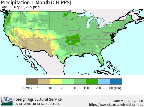 United States Precipitation 1-Month (CHIRPS) Thematic Map For 4/16/2022 - 5/15/2022