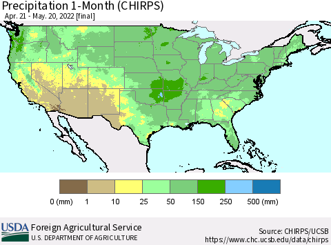 United States Precipitation 1-Month (CHIRPS) Thematic Map For 4/21/2022 - 5/20/2022
