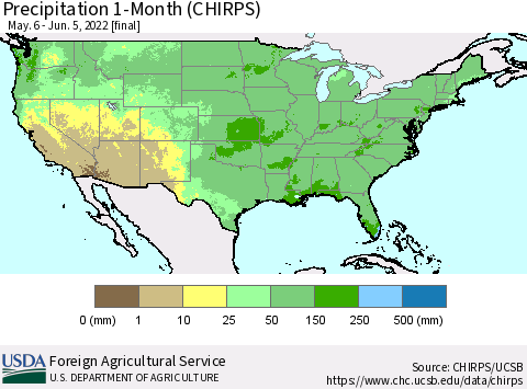 United States Precipitation 1-Month (CHIRPS) Thematic Map For 5/6/2022 - 6/5/2022