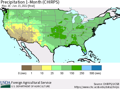 United States Precipitation 1-Month (CHIRPS) Thematic Map For 5/16/2022 - 6/15/2022