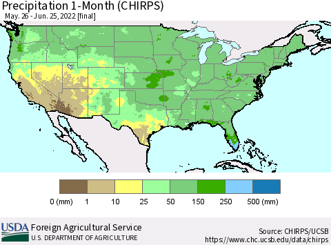 United States Precipitation 1-Month (CHIRPS) Thematic Map For 5/26/2022 - 6/25/2022
